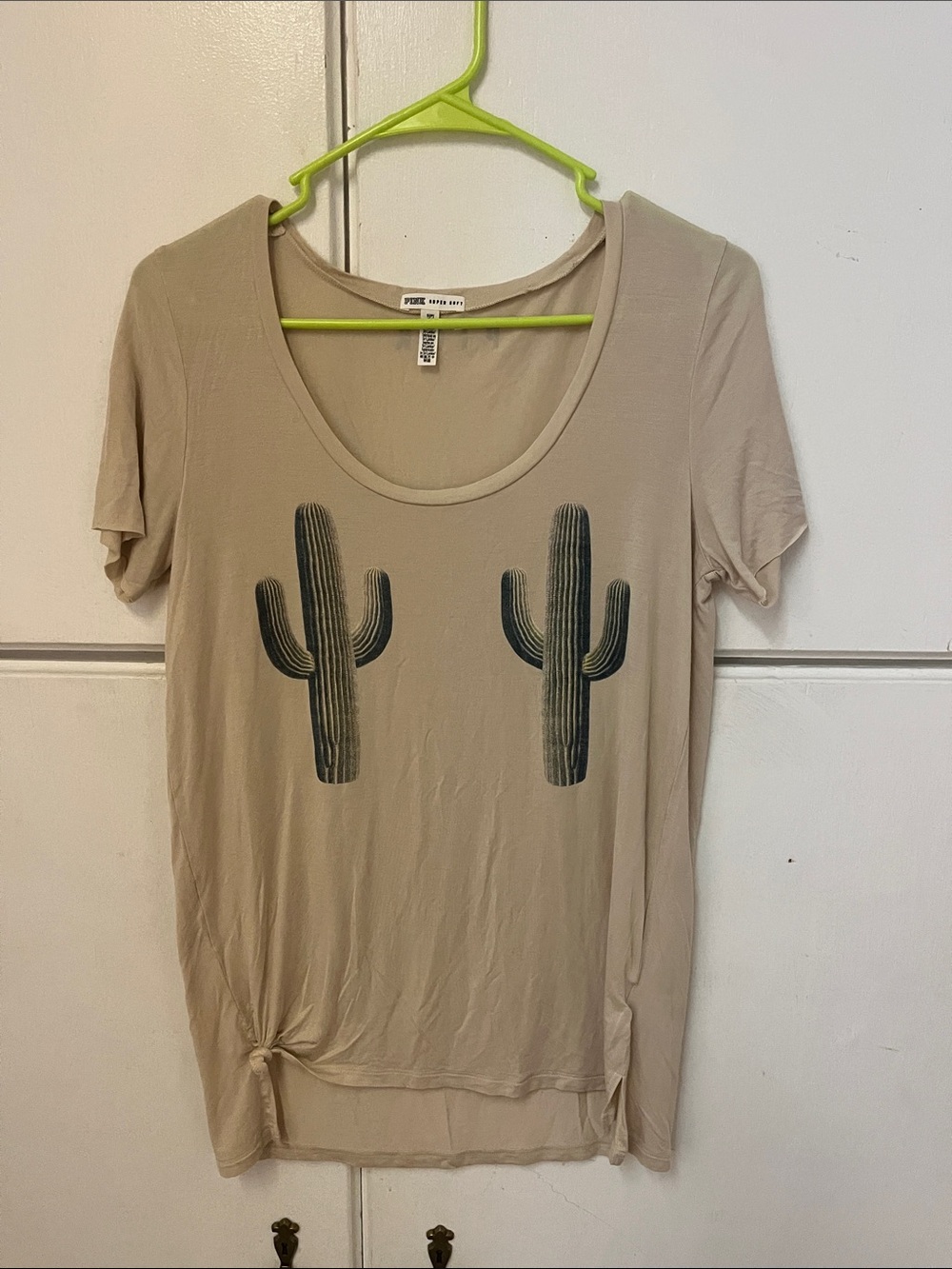 PINK Victoria's Secret Beige Short-Sleeve Tee with Dark Green Cactus Prints
